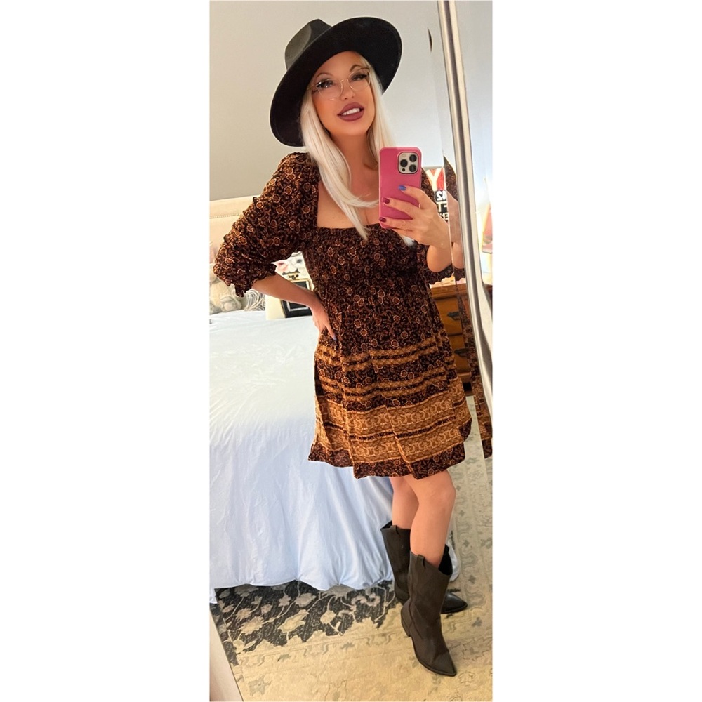 NEW! BLACK RUST SQUARE NECK PUFF SLEEVES PRINTED SMOCKED FULLY LINED DRESS! - Picture 6 of 6